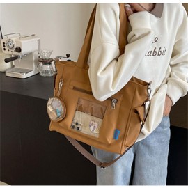 KSLAAT Pain Bag Shoulder Bag Women Large Capacity A4 Compatible Shoulder Strap Clear Window Handbag Otaku Activity Student Girls Cute Large Bag Tote Canvas School Zipper, Braun, Free size