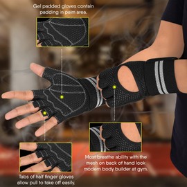 SAWANS Weight Lifting Gloves Gym Workout Fitness Wrist Wrap Support Men Women Fingerless Gloves Full Finger Touchscreen Padded Non Slip Palm Bodybuilding Training Grip (ink Black, XL)