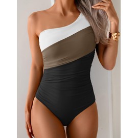 Aidonger Women One Piece Swimsuit for Women One Shulder Tummy Control Bathing Suits Color Block Slimming Swimwear
