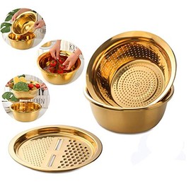 QOBIMOON 3PC/Set Colander set Stainless Steel Vegetable Slicer Fruit Potato Peeler Carrot Grater Strainer Utensil Round Rice Washer Bowl Drain Basket-Gold