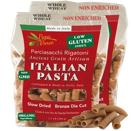Papa Vince Whole Wheat Non Enriched Rigatoni: Low Gluten Italian Pasta made in Italy from Organic Non GMO Khorasan Ancient Grain grown in Sicily. Slow Dried Bronze Die Cut. High in Selenium & Zinc