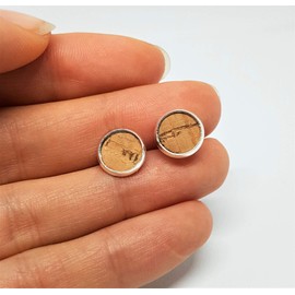 Stud Earrings Stainless Steel Silver Round 10 mm Cork Natural Brown - Vegan Handmade