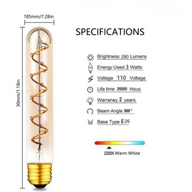 Lxcom Lighting T10 (T30) LED Tubular Edison Bulb, 3W E26 Vintage Edison LED Spiral Filament Amber Glass Bulb, Dimmable, 2200K Warm White, Pack of 3