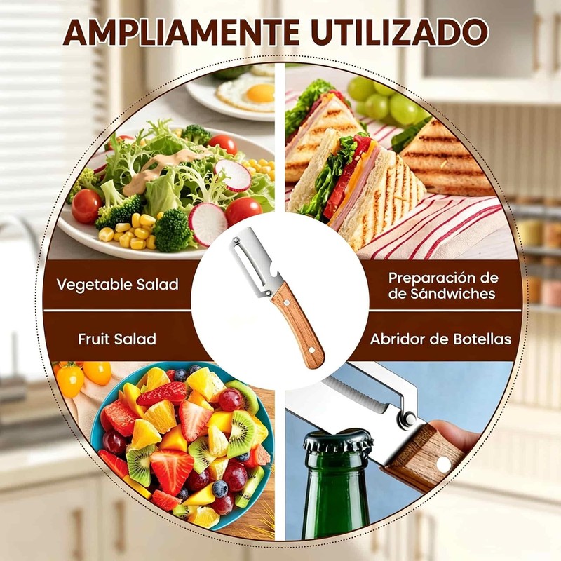 Pelador de Verduras Multifuncional Para Cocina, Con Mango de Madera