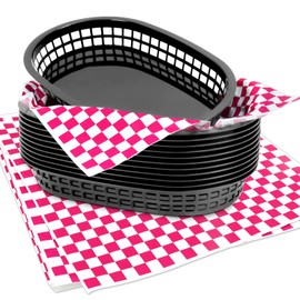 120 Sheets Pink Checkered Deli Liners and 12 Black Fast Food Baskets, Classic Deli Baskets with Pink Checkered Dry Waxed Deli Paper(12'')