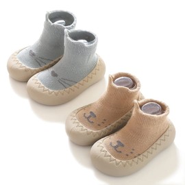 HOVELL 2 pairs Toddler Non-Skid Socks Shoes Baby Boys Girls Rubber Sole Indoor First Walking Slippers(Blue Brown,Medium,18-24M)