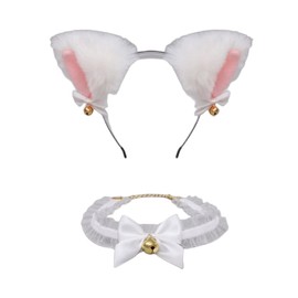 Qyjhska Cat Ears Headband, Cat Ears Headband Bell Necklace, Cat Cosplay Set, Carnival, Cat Ears Hair Accessories for Women Girls Cosplay Costume Party Black