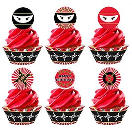 Ninja Karate Cupcake Kit - 24 Ninja Cupcake Toppers and 24 Cupcake Wrappers - Ninja Party Supplies - Karate Party Decorations - Cupcake