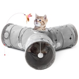 Tempcore Pet Cat Tunnel Tube Cat Toys 3 Way Collapsible, Cat Tunnels for Indoor Cats Fleece-Lined in for Warmth，Kitty Tunnel Bored Cat Pet Toys Peek Hole Toy Ball Cat, Puppy, Kitten, Rabbit Gray Sun