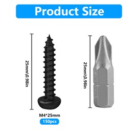 Pack of 150 M4 screws, black, tapping screws, black flat head screws, wood screws, M4 x 25 mm Phillips self-tapping screws, round head screws for acoustic panels, drilling screws