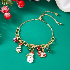 Christmas Link Bracelet for Women Girls - Christmas Jingle Bell Charm Bracelet for Christmas Stockings Filler, Christmas Xmas Gifts Ideas with Christmas Elements, Present, Snowman + Christmas Tree