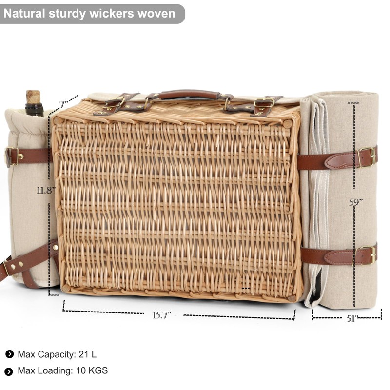 Multifunctional Wicker Picnic Basket Set for 4 with Blanket and