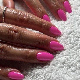 Hot Pink Press on Nails Short Almond Fake Nails Press ons, Thick Solid Color Neon Glue on Nails Short False Nails Medium Almond Nails Oval Round Shaped Nails for Women, 24Pcs Natural Acrylic Gel Nails