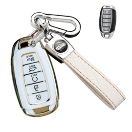 SANRILY Golden-edge 5 Button Key Fob Cover for Hyundai Palisade Elantra 2020 2021 Keyless Full Protection Key Fob Case with Leather Keychain Beige, Beige