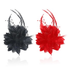 2 Pieces Fabric Rose Hair Clips, Flower Hair Accessories, Feather Hair Clips, Women Hair Clips, Women's Feather Hair Clips, Fashion Party Hair Accessories (Black, Red)