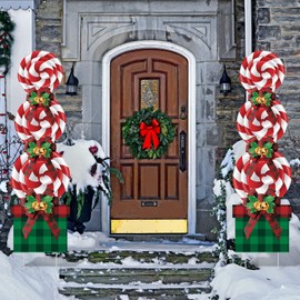 Queekay Christmas Candy Decorations Outdoor Red Plaid Bow Christmas Decor Peppermint Christmas Yard Stakes Signs Yard Christmas Decorations for Home Lawn Pathway Walkway Themed Party (8 Pieces)