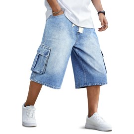 GINGTTO Mens Baggy Jorts Y2k Loose Fit Jean Shorts for Men Long Denim Shorts Men Below Knee Stretch Waist Light Blue 34