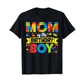 Mom Of The Birthday Boy Master Builder Kids Building Blocks T-Shirt