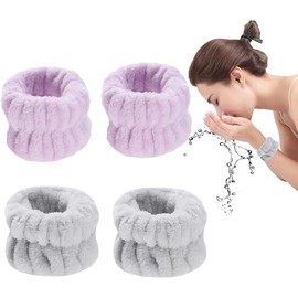HASTHIP® 2 Pares Muñequeras de SPA para Mujeres,Pulseras Absorbentes de Felpa Suave para Lavarse la Cara,Yoga Deporte y Cuidado Facial Equipos Belleza Súper Absorbentes (Púrpura + Gris)