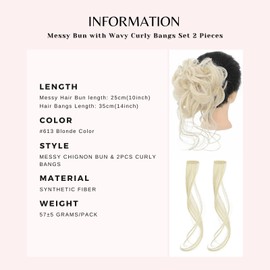 VANANGA Messy Claw Chignon Bun with Bangs Set 2 Pieces, Blonde Color Curly Bun with Long Side Bangs Clip in Hair Piece Wavy Hair Bun and Bangs for Women (#613-Blonde)