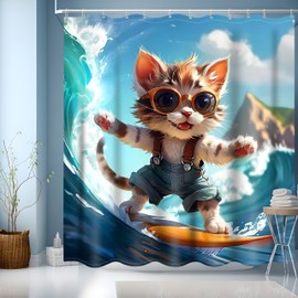 NEJLCTOROUS Funny Cat Shower Curtain 180x200cm, Cute Cartoon Bathtub Curtain, Sea Ocean Wave Bath Curtain,Polyester Waterproof Bathroom Curtains for Children Bathroom with Hooks