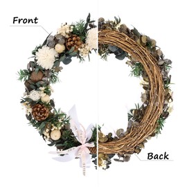 14 Inch Front Door Wreath - Natural Pinecone Acorn Wooden Mango Wreath with Rattan Base, Rattan Balls & Sola Wood Flower Design for Thanksgiving,Christmas,Wedding and Party Decor(AutumnHarvest)