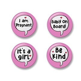 Pregnancy Pin Button Badge, 4 Badges, 32mm, I am pregnant, Baby on board, It's a girl, It's a boy, Be kind (It's a girl)