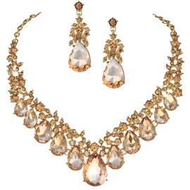 Secret for Longevity Gold Tone Antique Style Art Deco Vintage Retro Amber Honey Yellow Topaz Citrine Champagne Rhinestone Statement Wedding Bridal Prom Chunky Statement Earrings Necklace Gift Set