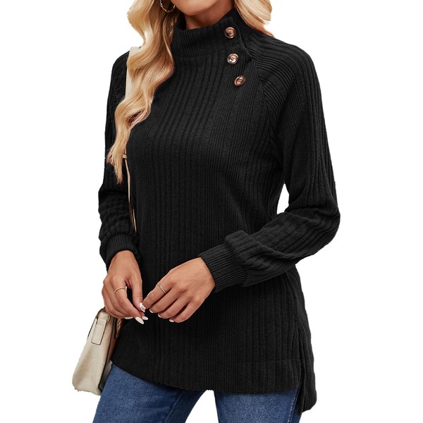 Akiooue Women's Jumpers, Long Sleeve Tops Turtleneck Button Lovely Stretchy