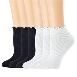 Mcool Mary Womens Ankle Ruffle Socks White Casual Cotton Frilly Breathable Cute Knit Lettuce Trim No Show Socks 6 Pack Size(5-9)