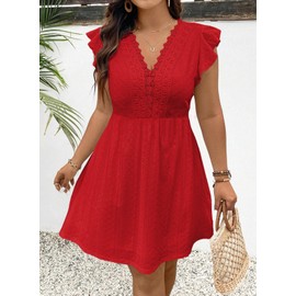 Eytino Women Plus Size Summer Dresses 2025 Fashion Lace V Neck Ruffle Sleeve Boho Beach Sundress,4X Red