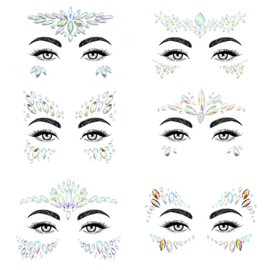 SAOROPEB Face Gems - 6 Sets Mermaid Face Jewels Temporary Tattoo Stickers Acrylic Crystal Glitter Stickers Waterproof Eye Gems Stick On Rainbow Tears Rhinestone for Party, Rave Festival