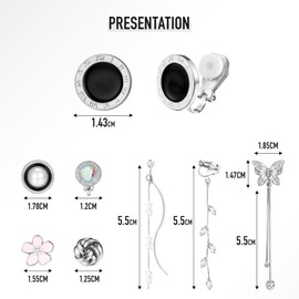 Dochais 12 Pairs Clip On Earrings For Women, Silver and 14K Gold Plated Hypoallergenic Earring Set, Non-Pierced Earring, Crystal Round Star Cz Cute Pearl Flower Butterfly-Silver