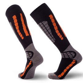 Pure Athlete Ski Socks Warm Merino Wool - Best Lightweight Thin Ski Snowboard Sock Women Men (1 Pair - Black/Orange, Small-Medium)