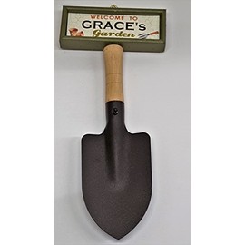 "Welcome to Grace's garden" hanging shovel sign