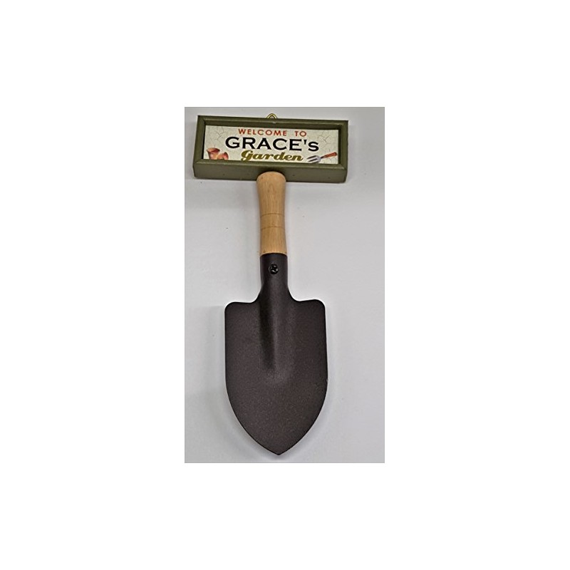 "Welcome to Grace's garden" hanging shovel sign