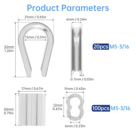 3/16" Wire Rope Thimbles 20Pcs + 100Pcs M5 Wire Rope Sleeve,Aluminum Crimping Loop Sleeves Cable Crimps Ferrules Stainless Steel Thimble Rigging for Diameter 6mm Cable
