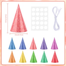 10 Pcs Mini Party Hats for Kids, Adorable Small Birthday Paper Cone Hats with Pom Poms Decorations for Animals Pets Cat Dog Birthday Baby Shower Carnival Party Supplies (Glitter Pure Color)