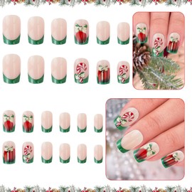 Christmas False Nails, 24Pcs Square Christmas Press on Nails Green French Full Cover Fake Nails with Glue Xmas Candy Canes Bow Stick on Nails for Women Girls Nail Art Accessories A7LBGZMJ