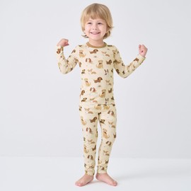 pureborn Kids Viscose From Bamboo Pajamas Set Pjs - Little Girl Boy Long Sleeve Snug Fit Soft Sleepwear 2pcs Khaki Puppies 6-7 Years