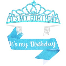 Queenship Birtthday Tiara Crown with Sash for Women Birthday Party (A-Blue)