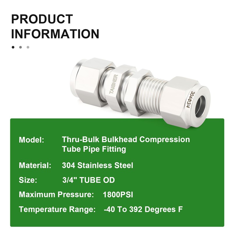 TAISHER 1PCS 304 Stainless Steel Thru-Bulk Bulkhead Compression Tube Pipe