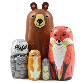 Set of 5 Cute Animal Theme Wooden Nesting Doll,Vivid Bear Fox Owl Rabbit Mouse Lovely Traditional Russian Matryoshka Doll Stacking Toy Ornament for Kid Christmas Birthday Gift Party Home Decoration