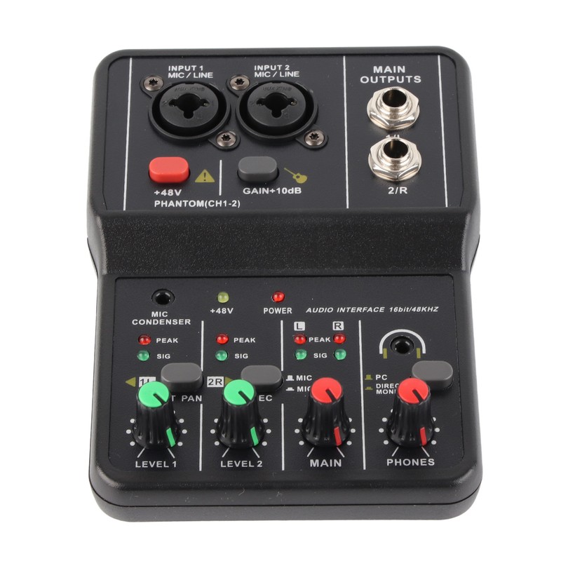 2 Channels Audio Mixer USB 48V Phantom Power Compact Sound