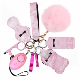 Safety Keychain Set for Women and Kids,Personal Safety Alarm,Soft Pom Pom and Whistle (Pink)