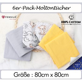 FENSILO Molleton Cloths, Pack of 6 Flannel Nappies Made of 100% Cotton, 80 x 80 cm, Molleton Nappies, Burp Cloths, Unisex Burp Cloths, Yellow Grey