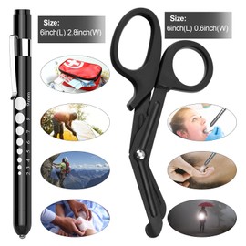 2 Pack Medical Scissors and Penlights with Batteries for Nurses Medical Supplies with One LED Medical Pen light, One 6 inches Scissors Trauma Shears for First Aid EMT (Black Set)