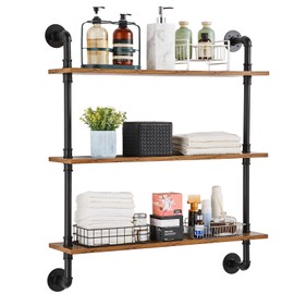 VEVOR Industrial Pipe Shelf, 3 Tier 32x7.87in, Wall-Mount Floating Rustic Wood Shelves Bracket Display Bookshelf, Storage Rack Sundries Holder for Kitchen Bedroom Bathroom Living Room, Black