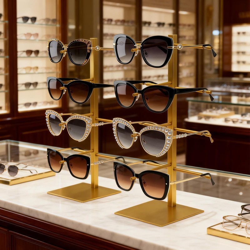 KMtilsh 3-Tier sunglass display stand Removable sunglass organizer Gold
