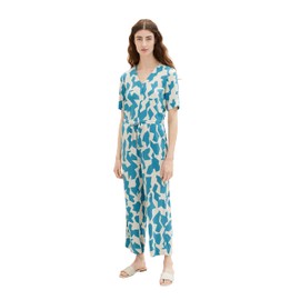 TOM TAILOR Women's Jumpsuit with V-Neck and Drawstring, 32146 - Petrol Big Abstract Design